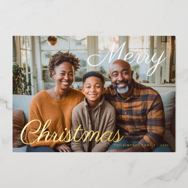 Merry Christmas Script Family Photo Foil Holiday Card (Front)