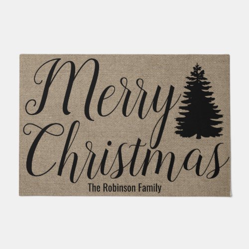 Merry Christmas Script  Faux Burlap Family Name Doormat