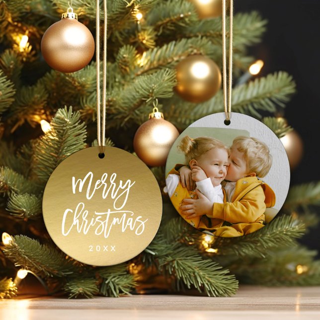 Merry Christmas Script Faux Gold Foil Photo Ceramic Ornament (Creator Uploaded)