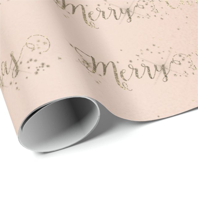 Merry Christmas Script Faux Gold Pastel Pink Rose Wrapping Paper (Roll Corner)