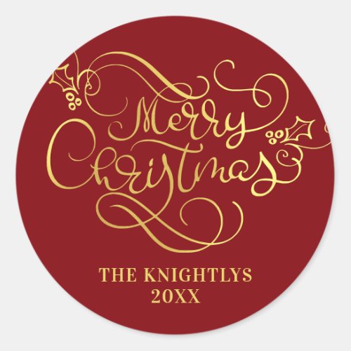 Merry Christmas Script Faux Gold Your Color Classic Round Sticker