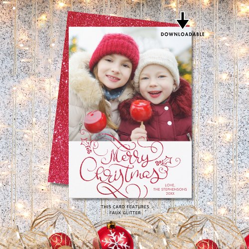 Merry Christmas Script Faux Red Glitter Photo Holiday Card