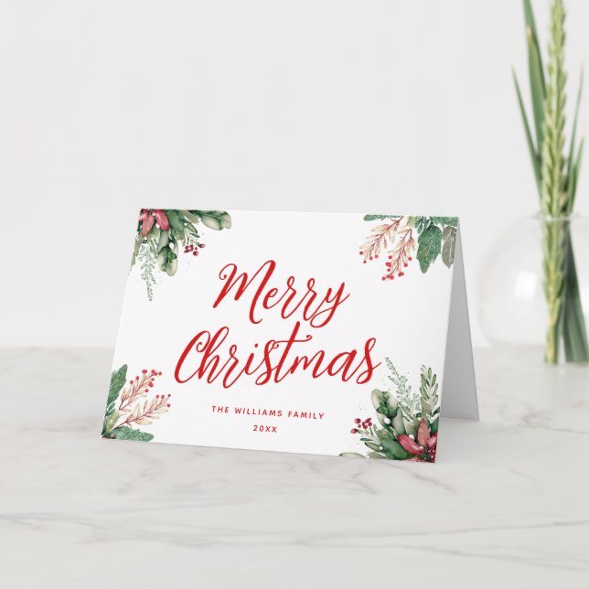 Merry Christmas Script Floral Holiday Card (Front)