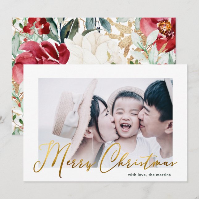 Merry Christmas Script Floral Print Photo Card (Front/Back)