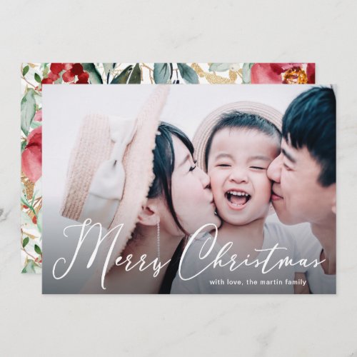 Merry Christmas Script Floral Print Photo Card