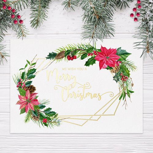 Merry Christmas Script Floral wGold Beaded Frame Foil Holiday Card