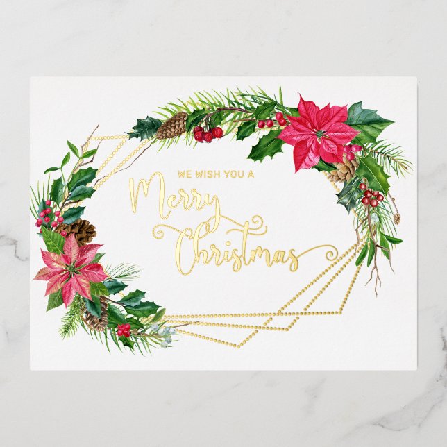 Merry Christmas Script Floral w/Gold Beaded Frame Foil Holiday Postcard (Front)