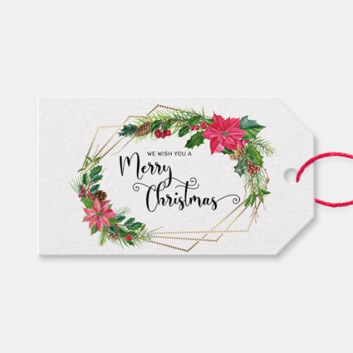 Merry Christmas Script Floral wGold Beaded Frame Gift Tags
