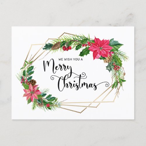Merry Christmas Script Floral wGold Beaded Frame Holiday Postcard