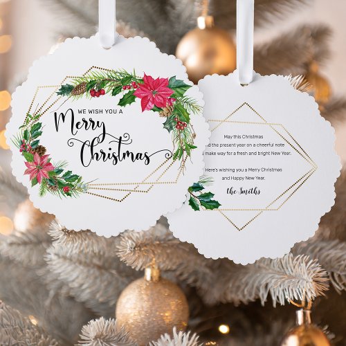 Merry Christmas Script Floral wGold Beaded Frame Ornament Card
