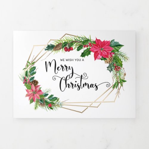 Merry Christmas Script Floral wGold Beaded Frame Tri_Fold Holiday Card