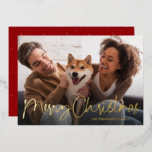 Merry Christmas script fun simple one photo red Foil Holiday Card (Front/Back)