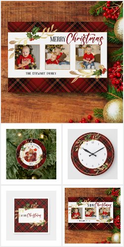 Merry Christmas Script & Gold Leaves on Red Tartan