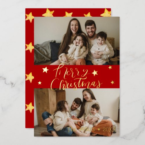 Merry Christmas Script Gold Stars 2 Photo Red Foil Holiday Card