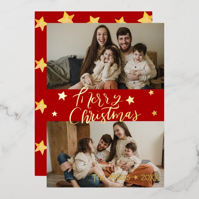 Merry Christmas Script Gold Stars 2 Photo Red Foil Holiday Card (Front/Back)
