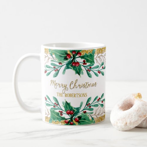 Merry Christmas Script Gold Watercolor Holly Berry Coffee Mug