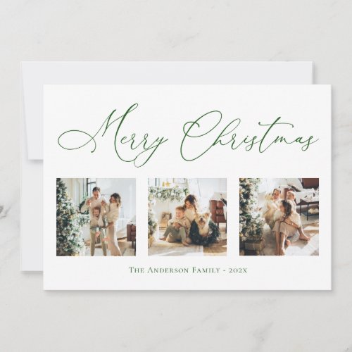 Merry Christmas Script Green 2 Multi Photo Collage Holiday Card