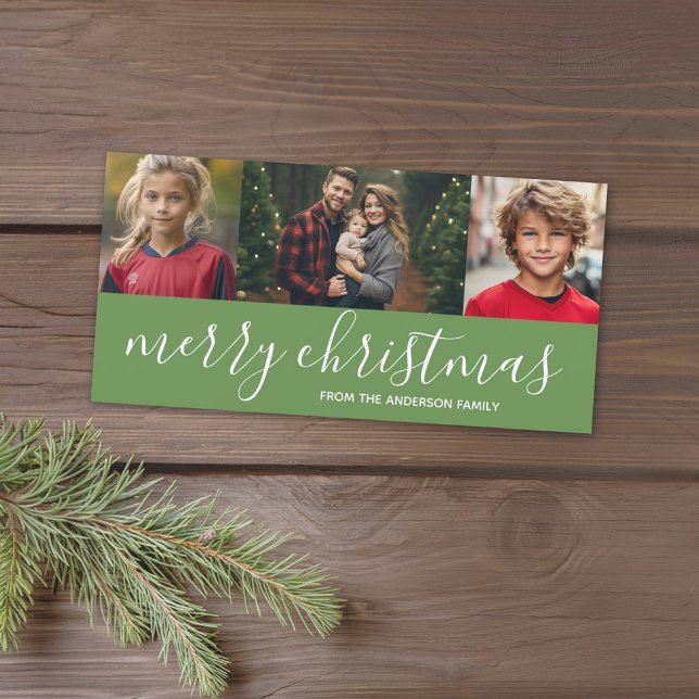 Merry Christmas Script Green - 3 photos Holiday Card (Add 3 photos to this minimal Christmas card with green and a modern script.)