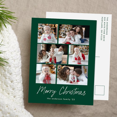 Merry Christmas Script Green 6 Photo Collage Holiday Postcard