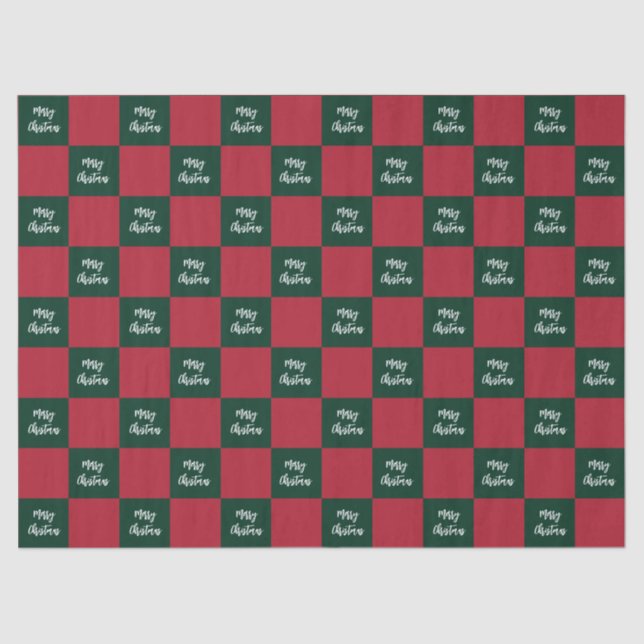 Merry Christmas Script Green and Red Checkerboard Tissue Paper (Front)