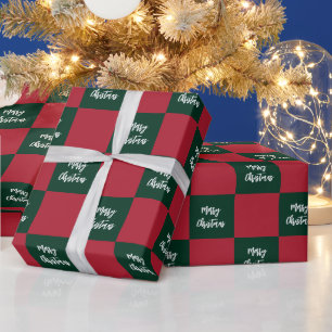 Merry Christmas Script Green and Red Checkerboard Wrapping Paper