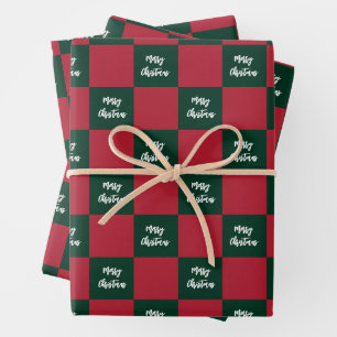 Merry Christmas Script Green and Red Checkerboard Wrapping Paper Sheets