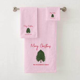 Merry Christmas Script Green Pink Pastel  Bath Towel Set