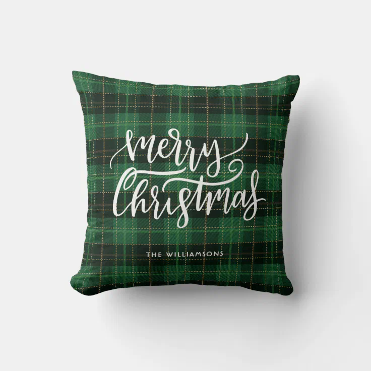 Merry Christmas Script Green Plaid Holiday Throw Pillow Zazzle