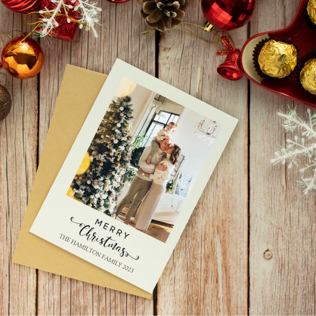 Merry Christmas Script Green Plaid Tartan Photo  Holiday Card (Creator Uploaded)