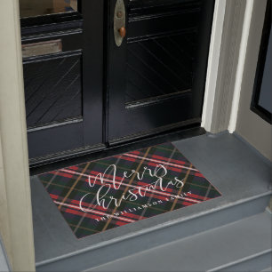 Merry Christmas Script Green Red Plaid Family Name Doormat