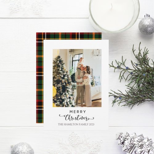 Merry Christmas Script Green Yellow Plaid Photo  Holiday Card