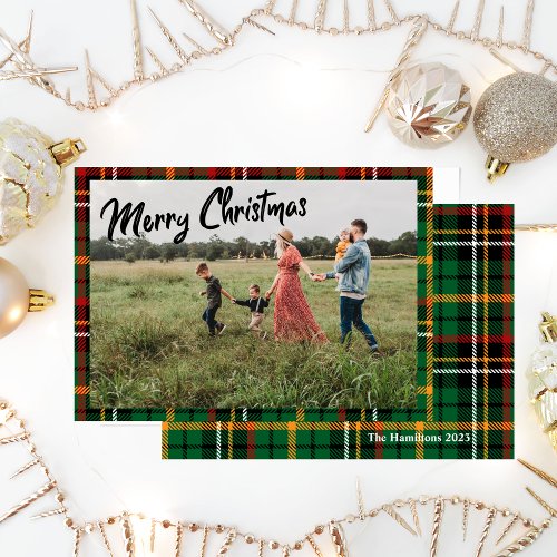 Merry Christmas Script Green Yellow Plaid Photo Note Card