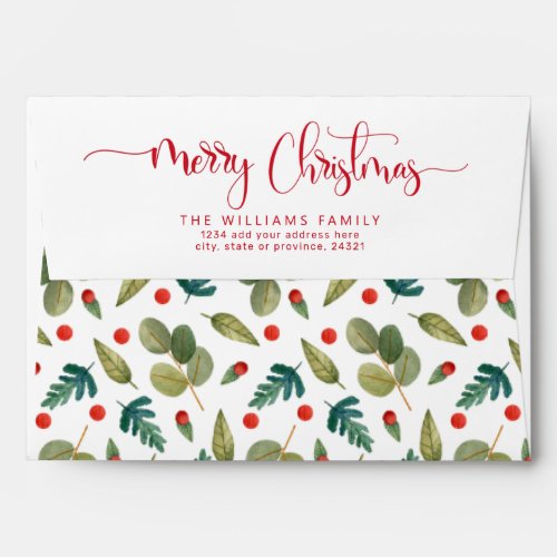 Merry Christmas Script Greenery and Holly Holiday Envelope
