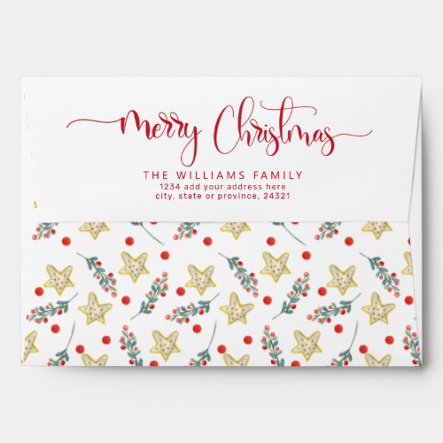 Merry Christmas Script  Greenery Holly and Stars Envelope