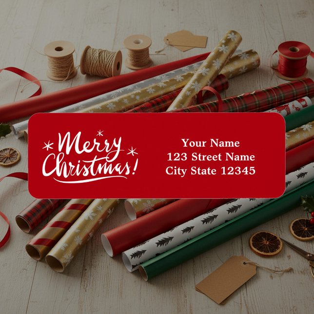 Merry Christmas script hand lettering typography Label (Red Christmas return address sticker)
