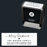 Merry Christmas Script Heart Return Address  Self-inking Stamp<br><div class="desc">Modern Stylish Elegant Merry Christmas Script Holiday Return Address Rubber Stamp. Features a „Merry Christmas” text in a hand lettered calligraphy swash tail font script and a little love heart motif and address info. Easy to add your family name and return address.</div>