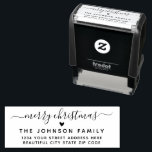 Merry Christmas Script Heart Return Address Self-inking Stamp<br><div class="desc">Stylish Modern Elegant Merry Christmas Script Holiday Return Address Rubber Stamp. Features a „Merry Christmas” script in a hand lettered calligraphy swash tail font type and love heart motif,  family name and address. Easy to add your family name and return address.</div>