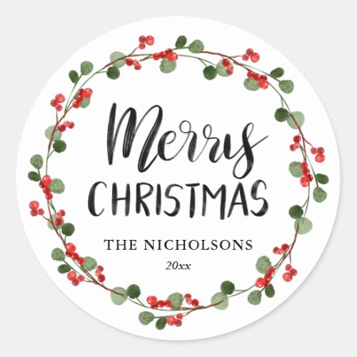 Merry Christmas Script Holiday Berry Wreath  Classic Round Sticker