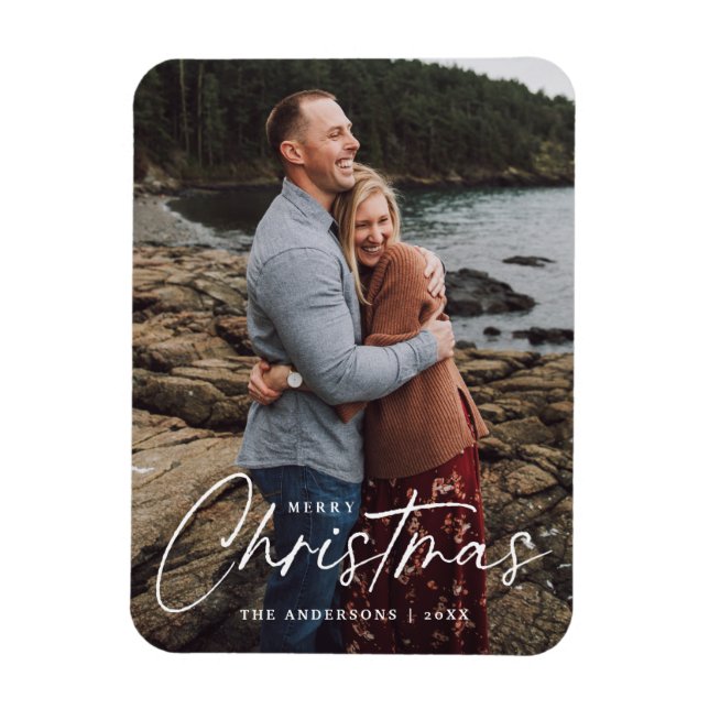 Merry Christmas Script Holiday Photo Magnet (Vertical)