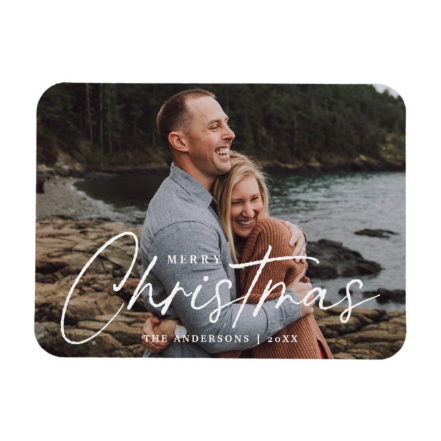 Merry Christmas Script Holiday Photo Magnet (Horizontal)