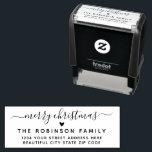 Merry Christmas Script Holiday Return Address  Self-inking Stamp<br><div class="desc">Stylish Modern Elegant Merry Christmas Script Holiday Return Address Rubber Stamp. Features a „Merry Christmas” script in a hand lettered calligraphy swash tail font type and love heart symbol. Easy to add your family name and return address.</div>