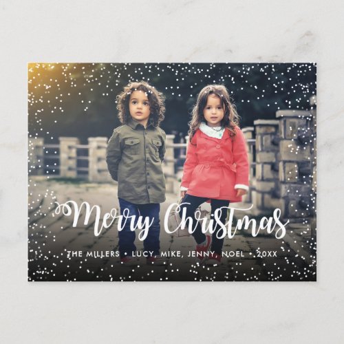 Merry Christmas Script Holiday Snowfall Custom - Create your own custom modern chic Christmas card with snowflakes. Add your favorite photo, name and message to create something really unique. Edit this design template by clicking 'Change' and uploading your own image as shown above. To edit the name, change the text in the fields. Click 'Customize' button to add text, customize fonts and colors. Treat yourself or make the perfect gift for family, friends, parents and grandparents!