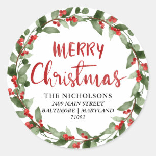 Merry Christmas Script Holiday Wreath Address Classic Round Sticker