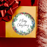 Merry Christmas Script Holiday Wreath Classic Round Sticker<br><div class="desc">Merry Christmas Script Rustic Botanical Holiday Wreath Sticker</div>