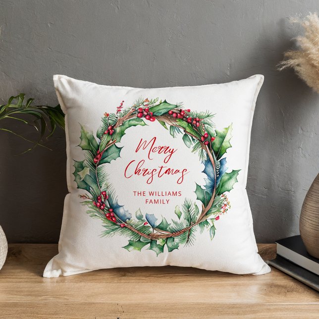 Merry Christmas Script Holiday Wreath Throw Pillow (Creator Uploaded)