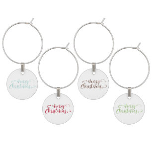 Merry Christmas Script in Blue, Green, Brown & Red Wine Glass Charm
