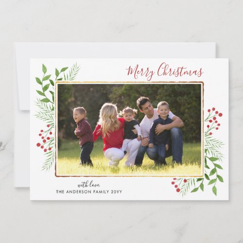 Merry Christmas Script Leaves Berries Gold Photo Holiday Card