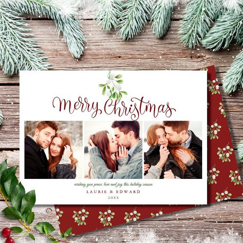 Merry Christmas Script Mistletoe 3 Photo Couples Holiday Card