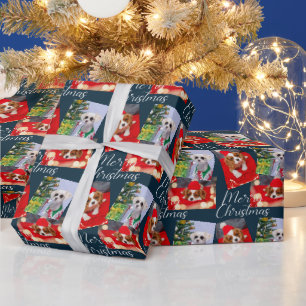 Merry Christmas Script Modern 3 Photo Personalized Wrapping Paper