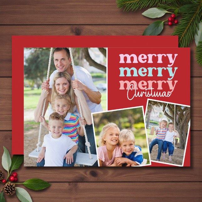 Merry Christmas Script Modern Red Three Photo (Creator Uploaded)